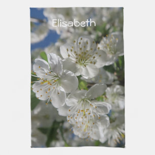 white cherry blossom in spring against a blue sky  tea towel