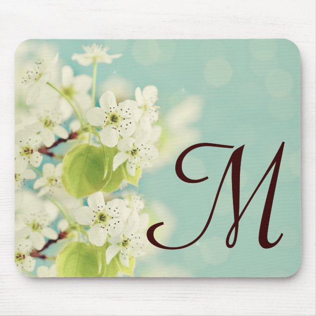White Cherry Blossom Monogram Initial Mouse Pad (Front)