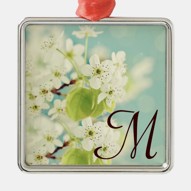 White Cherry Blossom Monogram Initial Ornament (Front)