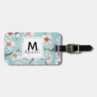 White Cherry Blossom Monogram Name Luggage Tag