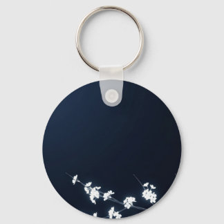 White Cherry Blossom Navy Background Key Ring