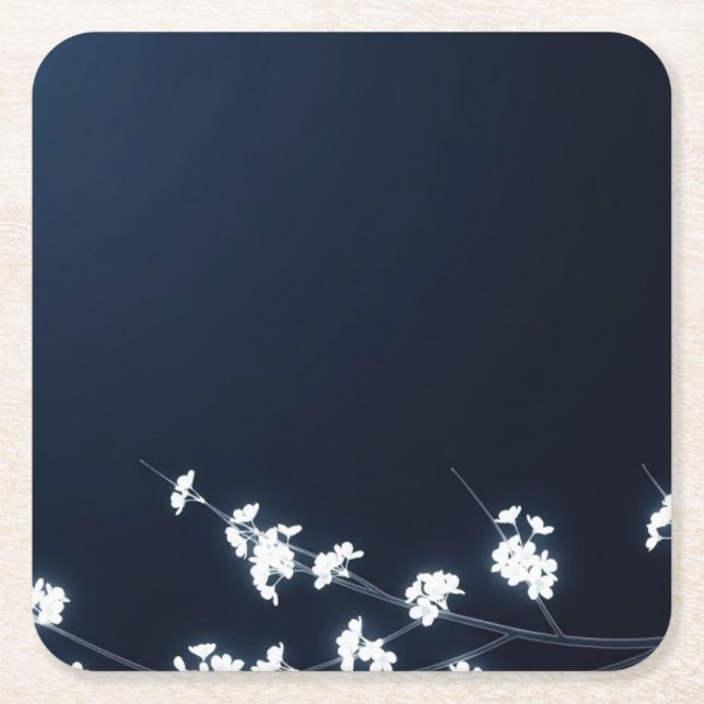 White Cherry Blossom Navy Background Square Paper Coaster (Front)