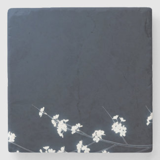 White Cherry Blossom Navy Background Stone Coaster