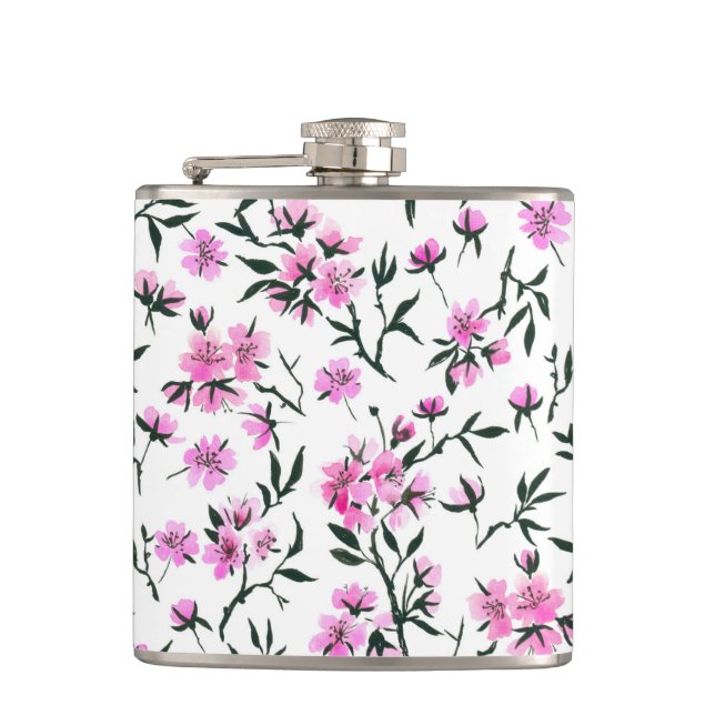 White cherry blossom on white hip flask (Front)