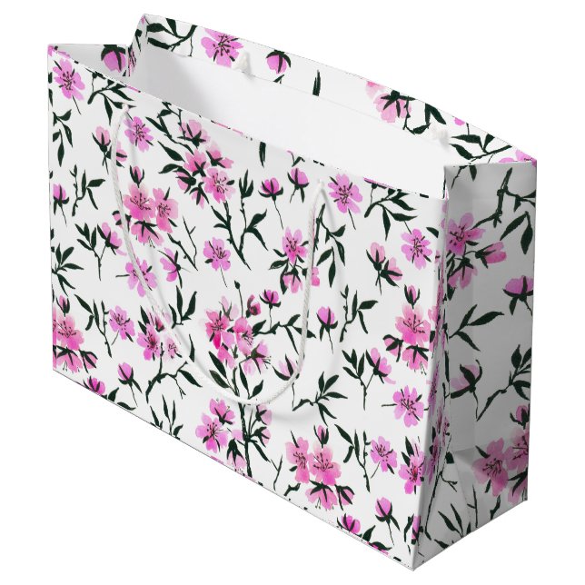 White cherry blossom on white large gift bag (Back Angled)