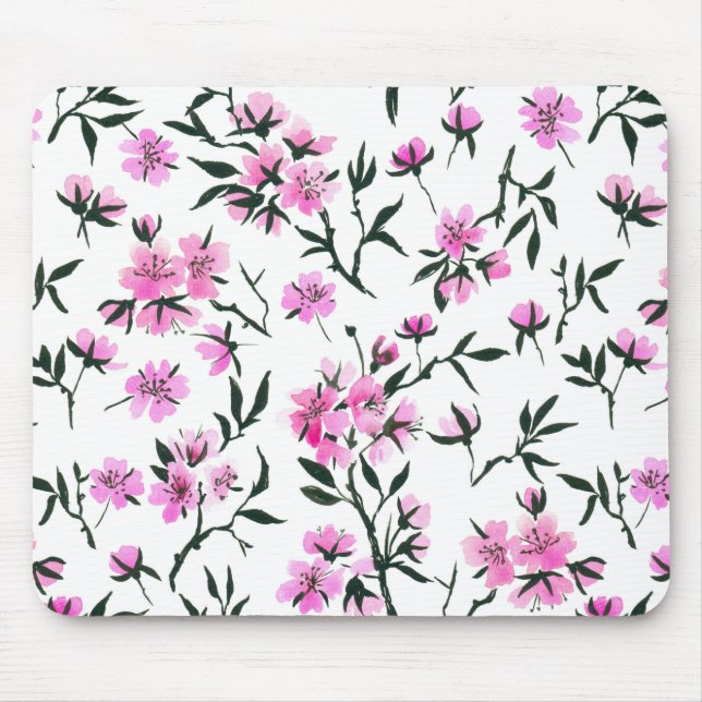 White cherry blossom on white mouse mat (Front)