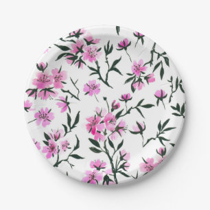 White cherry blossom on white paper plate