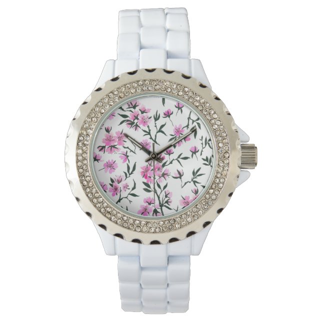 White cherry blossom on white watch (Front)