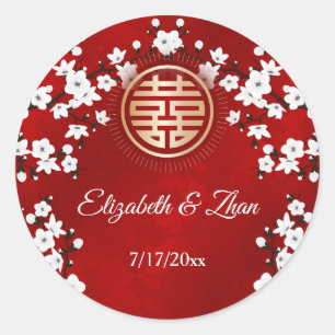 White Cherry Blossom Red Chinese Wedding  Classic Round Sticker