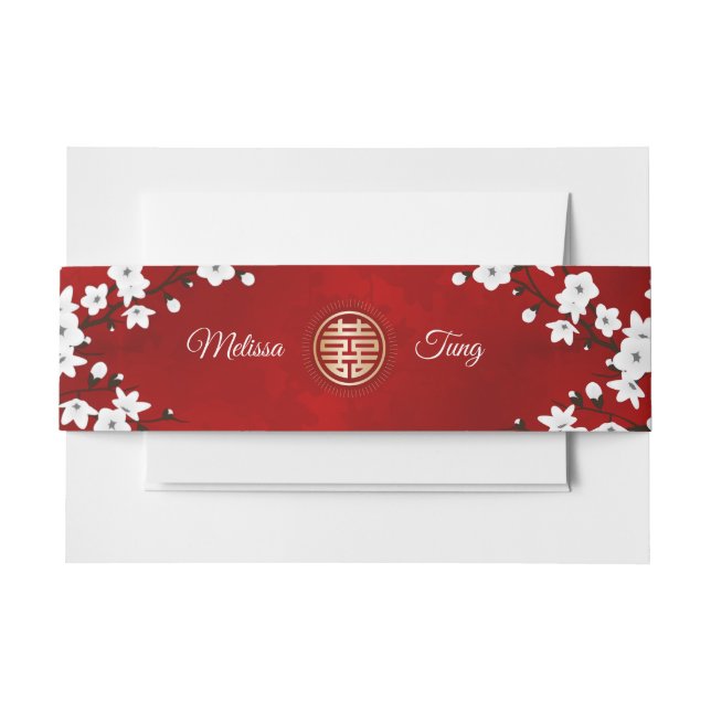 White Cherry Blossom Red Chinese Wedding Custom  Invitation Belly Band (Front Example)