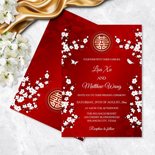 White Cherry Blossom | Red Chinese Wedding Invitation (Creator Uploaded)