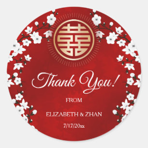 White Cherry Blossom Red Chinese Wedding Thank You Classic Round Sticker