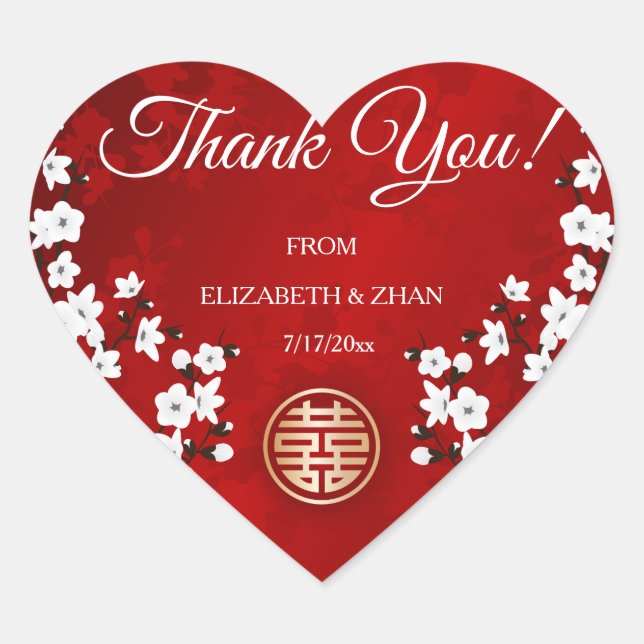 White Cherry Blossom Red Chinese Wedding Thank You Heart Sticker (Front)