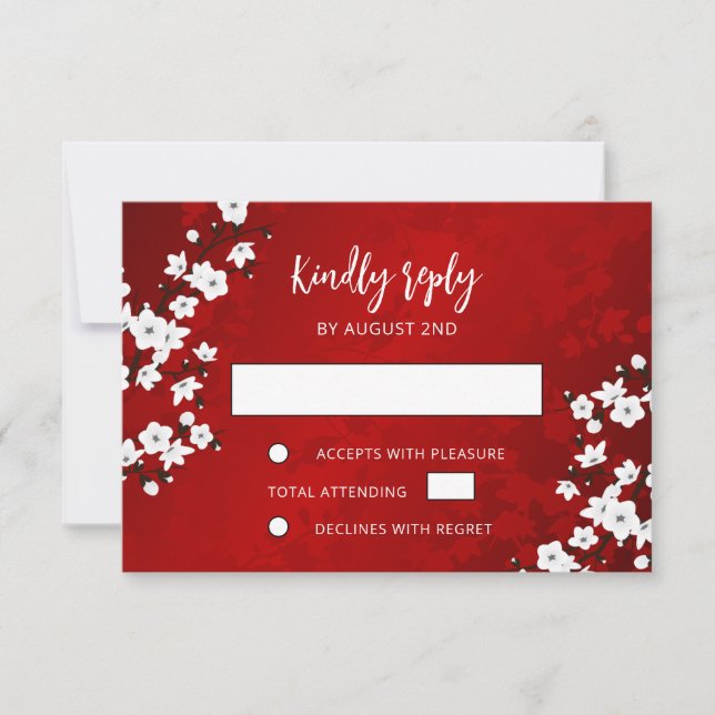 White Cherry Blossom Red RSVP Wedding Card (Front)