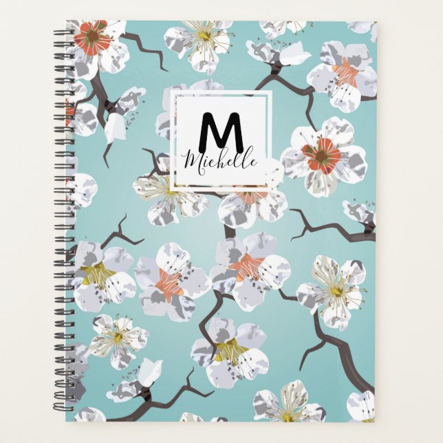 White Cherry Blossom Stationery Monogram Planner (Front)