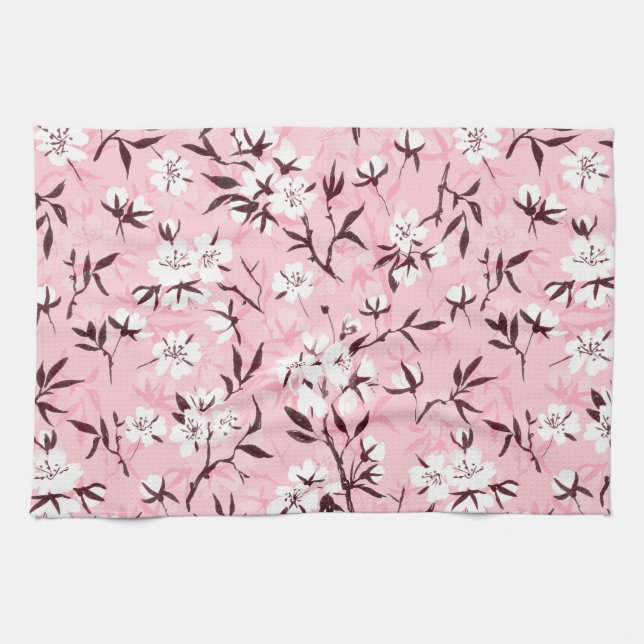 White cherry blossom tea towel (Horizontal)