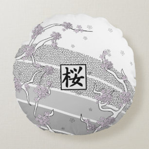 White Cherry Blossom Tree Round Cushion