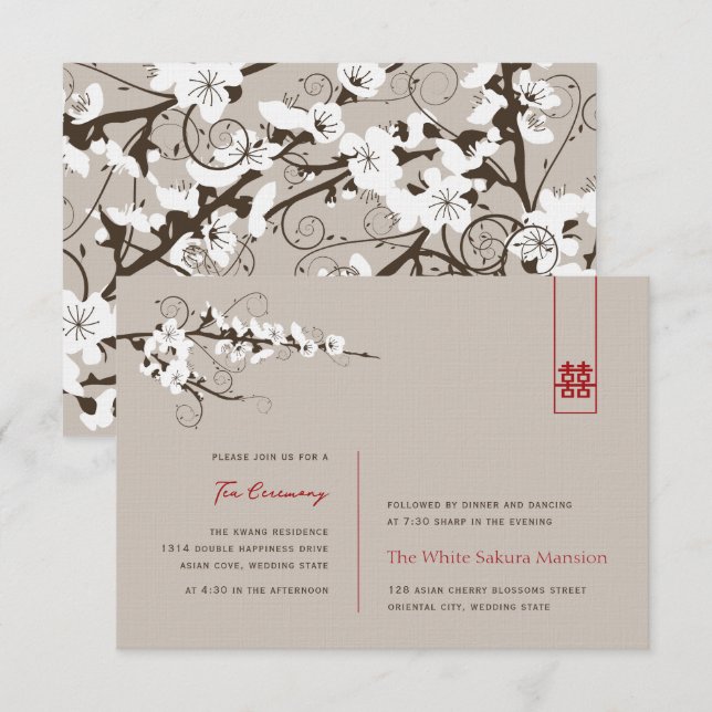 White Cherry Blossoms Asian Wedding Reception Invitation (Front/Back)