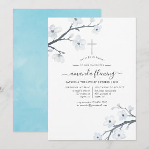 White Cherry Blossoms Baptism or Christening Invitation