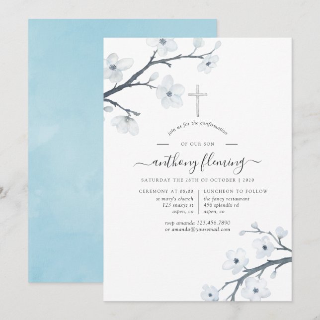 White Cherry Blossoms Confirmation Invitation (Front/Back)