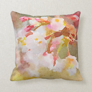 White Cherry Blossoms Digital Watercolor Painting Cushion