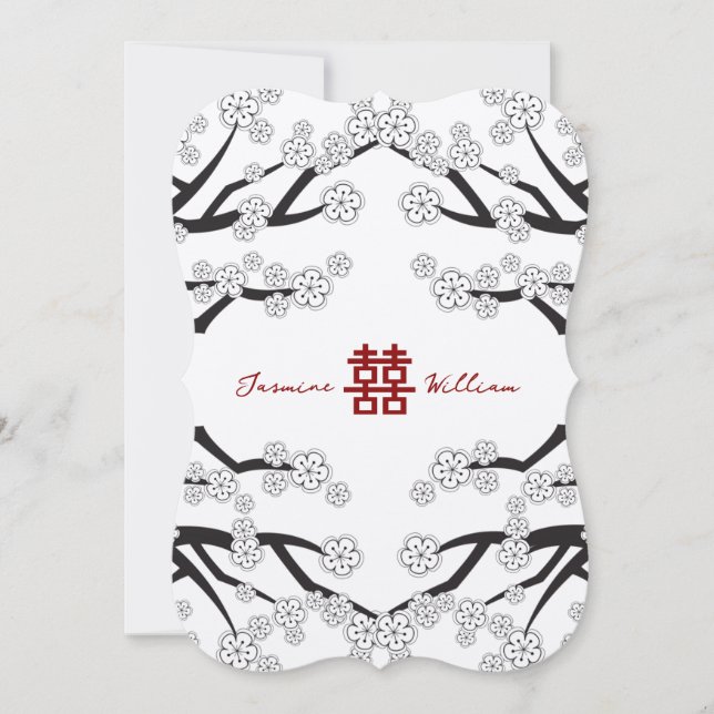 White Cherry Blossoms Double Xi Chinese Wedding Invitation (Front)