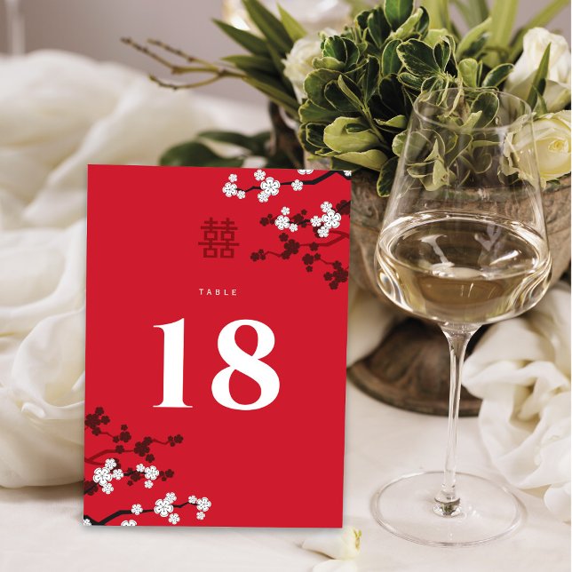 White Cherry Blossoms Double Xi Chinese Wedding Table Number (Creator Uploaded)