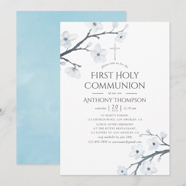 White Cherry Blossoms First Holy Communion Invitation (Front/Back)