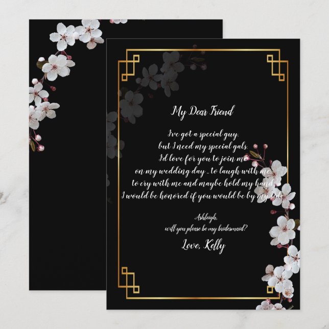 white Cherry Blossoms &gold  will be my bridesmaid Invitation (Front/Back)