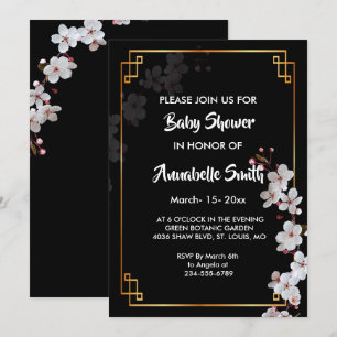 white Cherry Blossoms &golden Frame Baby Shower Invitation