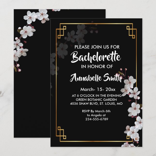 white Cherry Blossoms &golden Frame bachelor Invitation (Front/Back)