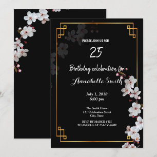 white Cherry Blossoms &golden Frame Birthday Invitation