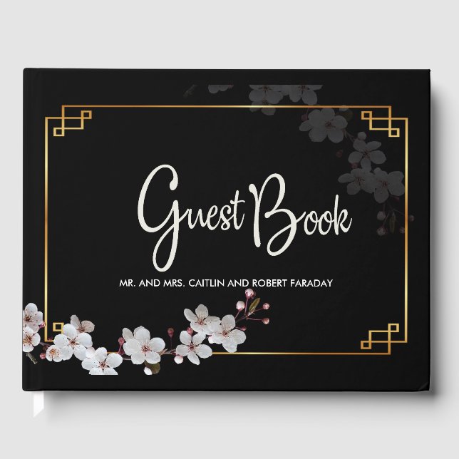 white Cherry Blossoms &golden Frame Guest Book (Front)