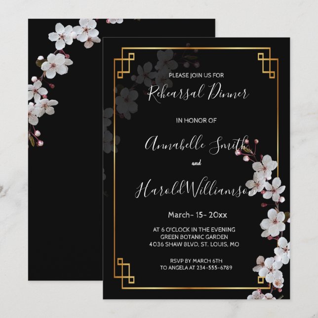 white Cherry Blossoms &golden Frame Rehearsal Dinn Invitation (Front/Back)