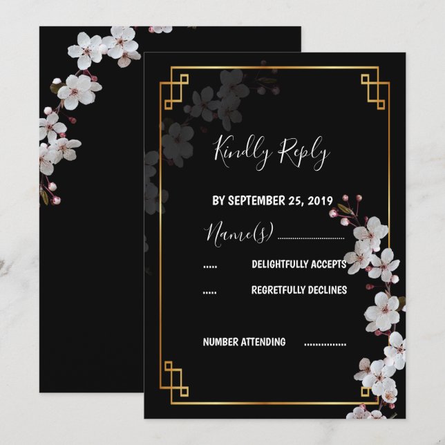 white Cherry Blossoms &golden Frame RSVP Invitation (Front/Back)