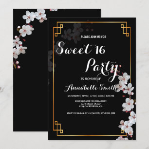 white Cherry Blossoms &golden Frame sweet 16 Invitation
