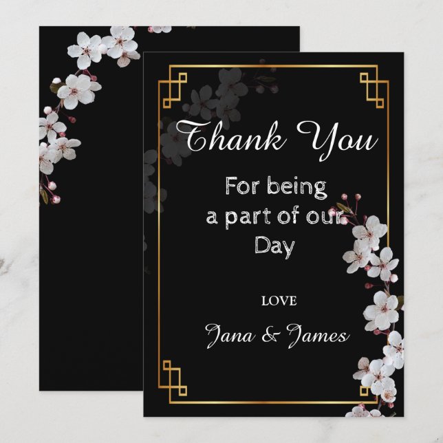 white Cherry Blossoms &golden Frame thank you Invitation (Front/Back)