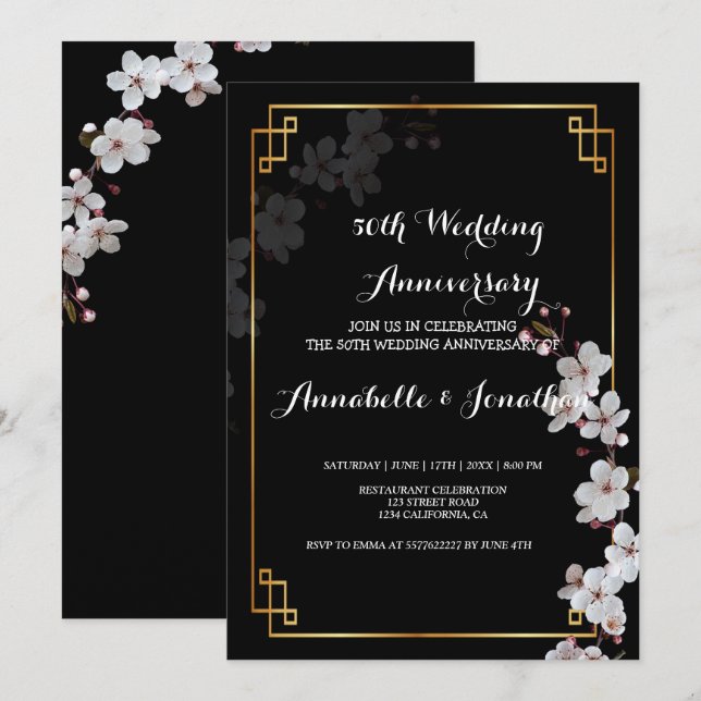 white Cherry Blossoms &golden FWedding Anniversary Invitation (Front/Back)