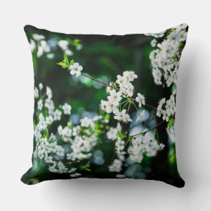 White Cherry Blossoms Green Leaves Cushion