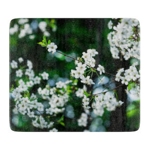 White Cherry Blossoms Green Leaves Cutting Board