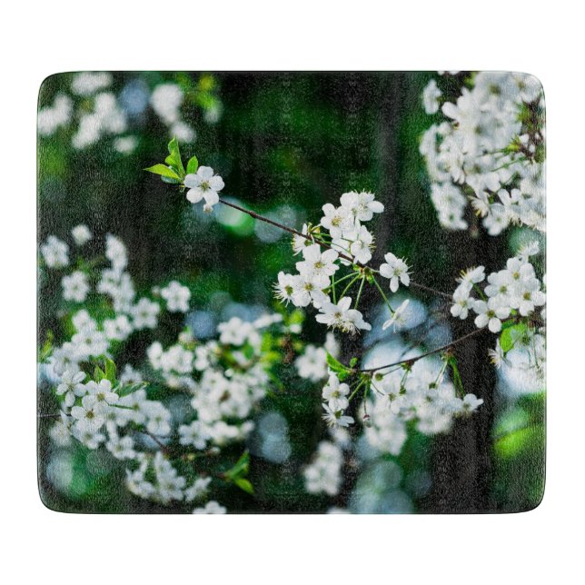 White Cherry Blossoms Green Leaves Cutting Board (Front)