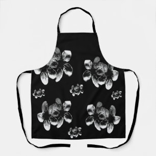 White Cherry Blossoms On Black, Full Print Apron