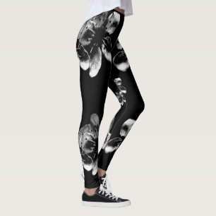 White Cherry Blossoms On Black, Leggings
