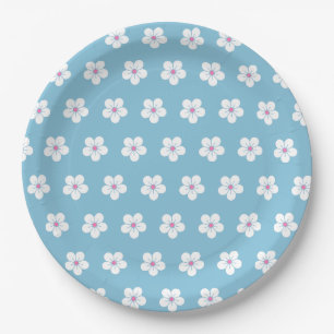 White Cherry Blossoms on Blue Paper Plate