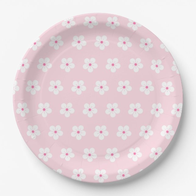 White Cherry Blossoms on Pink Paper Plate (Front)