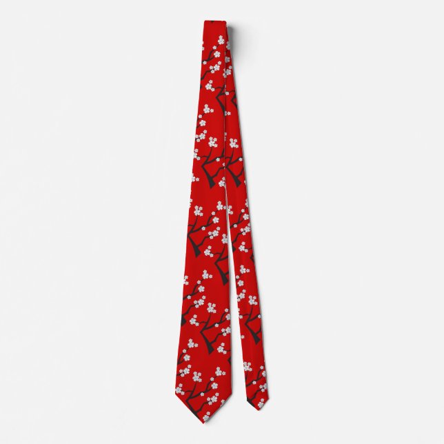 White Cherry Blossoms On Red Sakura Spring Flowers Tie (Front)