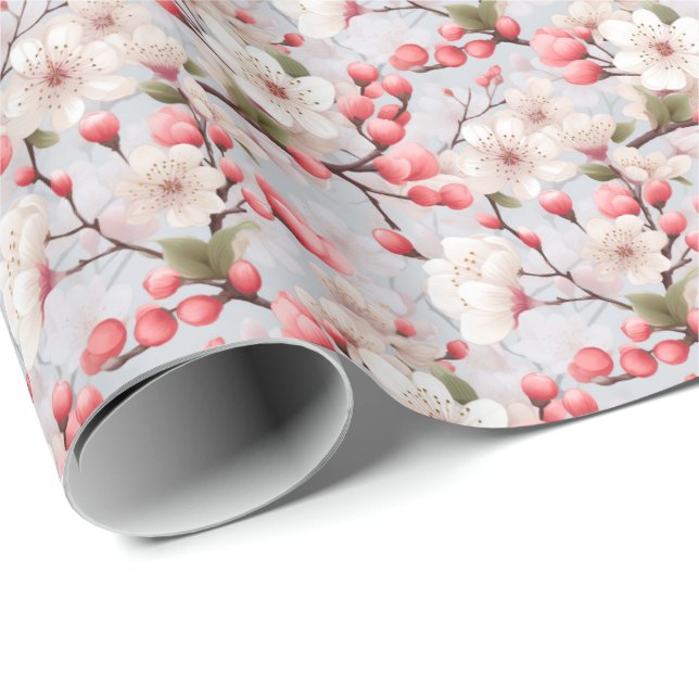 White Cherry Blossoms Pink Buds Spring  Wrapping Paper (Roll Corner)