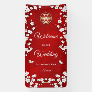 White Cherry Blossoms Red Chinese Wedding Banner