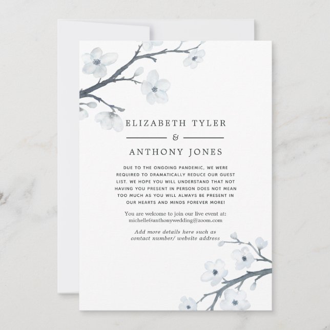 White Cherry Blossoms Reduced Wedding Guest List Announcement (Front)