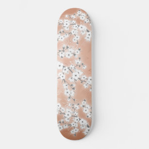 White Cherry Blossoms Rose Gold Floral Skateboard